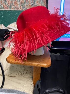 Vintage wool felt Red ostrich Feather Trim Women's Hat -amazing
